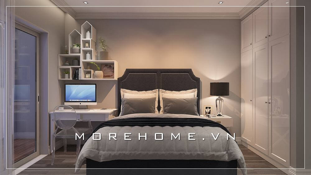 Bố trí phòng ngủ đẹp cho nhà phố hiện đại, chiếc giường ngủ bọc nỉ cách điệu đầu giường trở thành điểm nhấn ấn tượng cho cả không gian căn phòng